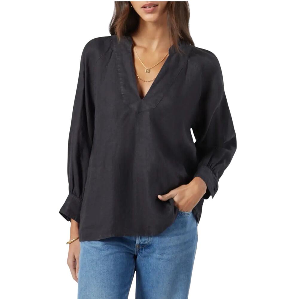 JOIE Black 100% Linen V-Neck Popover Blouse Womens XS Long Sleeve Anthropologie